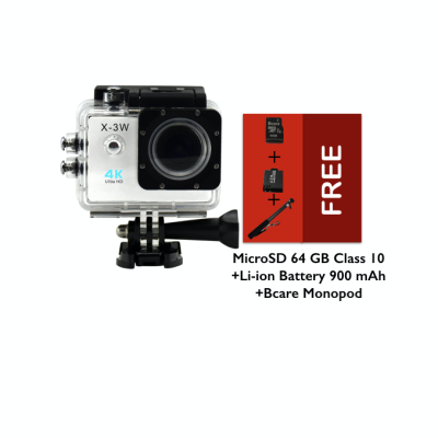 B-Cam X-3 WiFi- Ultra 4K- Sony Sensor - 16MP -Bcare Action Camera - Waterproof 30m 2 inch - Putih + Micro SD 64 GB + Bcare Monopod + Li-ion Battery 900 mAh