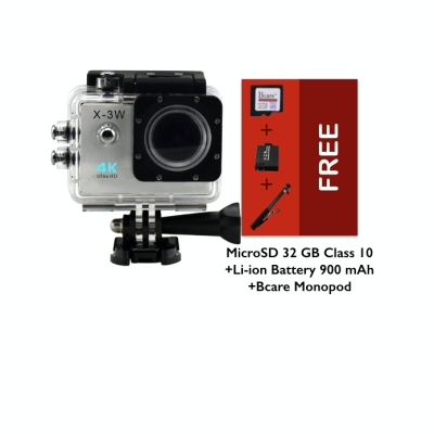 B-Cam X-3 WiFi- Ultra 4K- Sony Sensor - 16MP -Bcare Action Camera - Waterproof 30m 2 inch - Silver + Micro SD 32 GB + Monopod + Battery 900 mAh