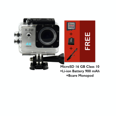 B-Cam X-3 WiFi- Ultra 4K- Sony Sensor - 16MP -Bcare Action Camera - Waterproof 30m 2 inch - Silver + Micro SD 16 GB + Bcare Monopod + Li-ion Battery 900 mAh
