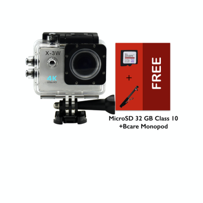 B-Cam X-3 WiFi- Ultra 4K- Sony Sensor - 16MP -Bcare Action Camera - Waterproof 30m 2 inch - Silver + Micro SD 32 GB + Bcare Monopod
