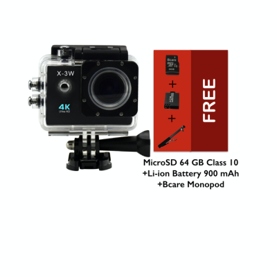B-Cam X-3 WiFi- Ultra 4K- Sony Sensor - 16MP -Bcare Action Camera - Waterproof 30m 2 inch - Hitam + Micro SD 64 GB + Bcare Monopod + Li-ion Battery 900 mAh