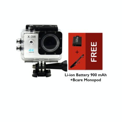B-Cam X-3 WiFi- Ultra 4K- Sony Sensor - 16MP -Bcare Action Camera - Waterproof 30m 2 inch - Putih + Li-ion Battery 900 mAh + Bcare Monopod