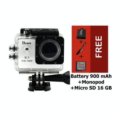 Bcare Action Camera B-Cam X-1 - 12 MP -1080 P - Putih + Battery 900 mAh + Micro SD 16 GB + Monopod