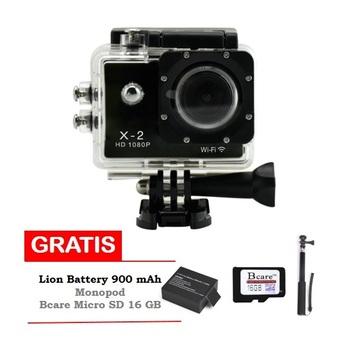 Bcare Action Camera B-Cam X-2 Wifi - 12 MP Full HD 1080P - Hitam + Gratis SD Card 16GB Class 10 + Monopod + Li-ion Battery 900 mAh  