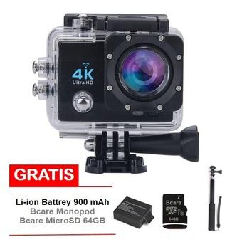 Bcare Action Camera - B-Cam X-3 WiFi - 16MP - Full HD 4K - Sony Sensor - Waterproof 30m 2 inch - Hitam + Gratis Bcare SD Card 64 GB + Monopod + Battery 900 mAh  