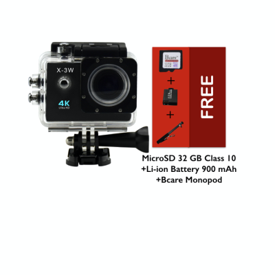 Bcare Action Camera - B-Cam X-3 WiFi - 16MP - Ultra HD 4K - Sony Sensor - Waterproof 30m 2 inch - Hitam + Gratis Bcare micro SD 32 GB+Li-ion Battery 900 mAh+Bcare Monopod