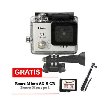 Bcare Action Camera U-1 12 MP FHD 1080P - Silver + Gratis MicroSD 8 GB + Monopod  
