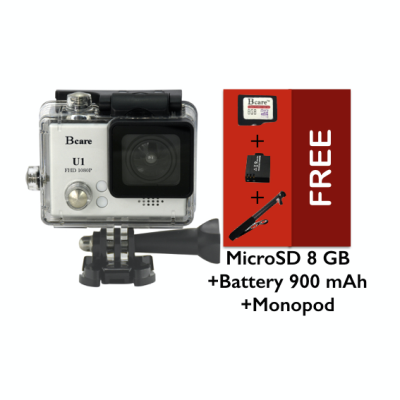 Bcare Action Camera U-1 12 MP FHD 1080P - Silver + Gratis MicroSD 8 GB + Monopod + Battery 900 mAh