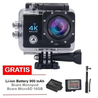 Bcare Action Camera -X-3 WiFi - 16MP - Full HD 4K - Sony Sensor - Waterproof 30m 2 inch - Hitam + Gratis Bcare SD Card 16 GB Class 10 + Monopod + Li-ion Battery 900 mAh  