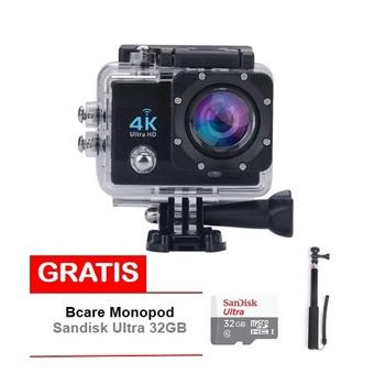 Bcare Action Camera -X-3 WiFi 4K - 16MP - Hitam - Sony Sensor + Gratis Sandisk Ultra 32 GB + Monopod  
