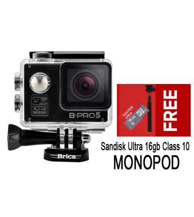 Brica Action Camera B-Pro 5 Alpha Edition - Hitam+Free MemorySandisk Ultra 16GB class10+Monopod PY 011 B-Bpro Black