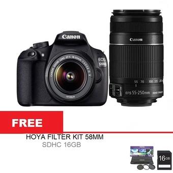 Canon EOS 1200D 18MP Double Kit 18-55mm +55-250mm + Free Filter Kit Hoya + SDHC 16GB  