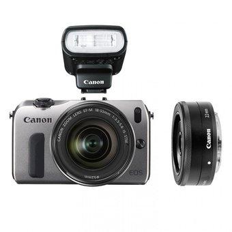 Canon EOS-M 22mm+18-55mm+90EX+Adapter for EF_Silver  