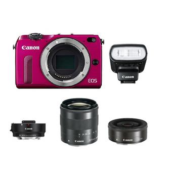 Canon EOS M2 kit III 18-55mm IS STM + 22mm + Flash 90EX + Adapter - 18MP - Merah Muda  