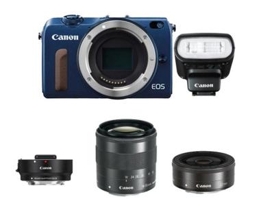 Canon EOS M2 kit III 18-55mm IS STM + 22mm + Flash 90EX + Adapter - 18MP - Biru