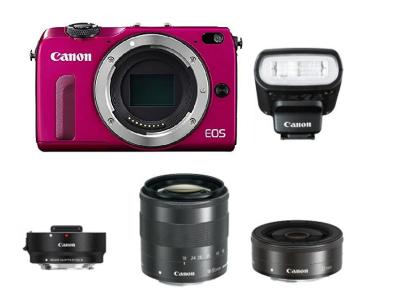 Canon EOS M2 kit III 18-55mm IS STM + 22mm + Flash 90EX + Adapter - 18MP - Merah Muda