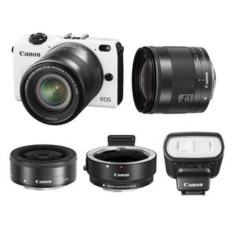 Canon EOS M2 with lens 18-55mm + 22mm+ 11-22mm + 90EX Flash + Mount Adapte WhiteExport  