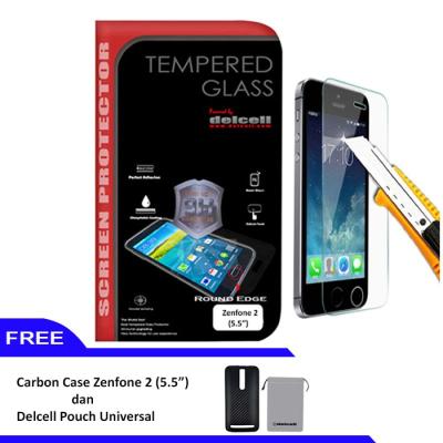Delcell Tempered Glass for Zenfone 2 (5.5 Inch) + Carbon Case Zenfone 2 + Delcell Pouch Universal