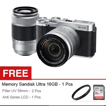 Fujifilm X-A2 kit 16-50mm & 50-230mm OIS II - Silver, Gratis Memory 16GB Ultra + Filter UV 58mm + Anti Gores LCD  