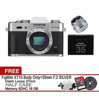 Fujifilm XT10 X-T10 SILVER 35MM F.2 + Gratis Lensa 27MM +Half Case + SDHC 16GB XT10 Silver  