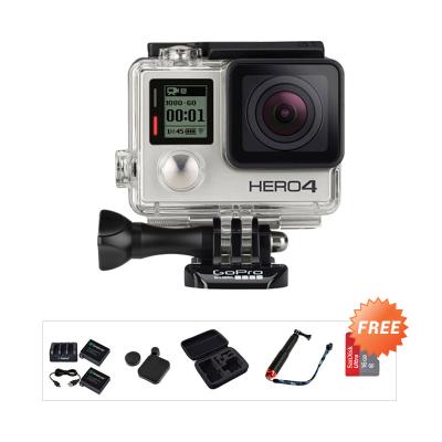 GoPro Hero4 Action Cam - Silver + Free Ultra 16 + 3rd party Medium Case + 3rd party Pole 19 Inch + Smatree Battery Pack + Cover