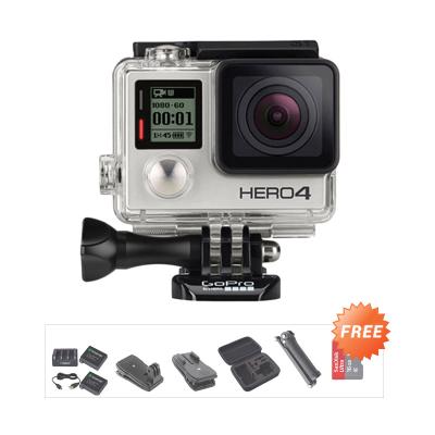 GoPro Hero4 Action Cam - Silver + Free Ultra 16 + Medium Case + 3 Way 3rd Party + Quick Clip Screw + Quick Clip Quick Release +
