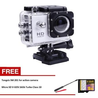 Kogan Action Camera 1080p - 12MP - Putih + Tongsis SM 201 + microsd vgen 16gb Turbo Class 10  