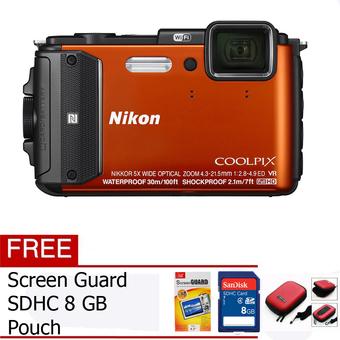 Nikon AW 130 Waterproof Wifi Camera - 16.1MP - Oranye + Gratis Case + Screen Guard + SDHC  