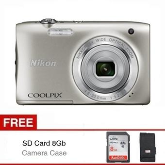 Nikon Camera Coolpix S2900 - 20.1MP - 5x Optical Zoom - Silver + Gratis SD Card 8GB + Case  