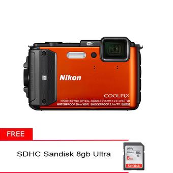 Nikon Coolpix AW130 - 16.1MP - 5X Optical Zoom - Oranye + Gratis Memory 8GB  