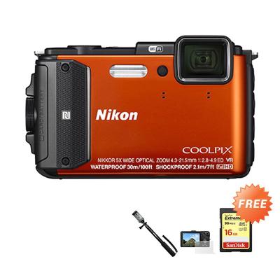 Nikon Coolpix AW130 Orange Kamera Pocket [16 MP] + SanDisk Extreme SDHC 16 GB + Tongsis + Anti Gores