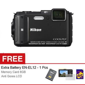 Nikon Coolpix AW130 Waterproof Wifi Camera - 16.1MP - 5x Optical Zoom - Hitam - Gratis SDHC 8GB + Anti Gores LCD + Extra Battery EN-EL12  