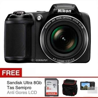 Nikon Coolpix L340 - 20.2 MP - 28x Optical Zoom - Hitam + Gratis SD Card 8Gb + Antigores + Tas Semipro  