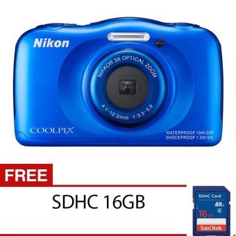 Nikon Coolpix S33 Camera - 13.2MP - 3X Optical Zoom - Biru + Gratis Memori SDHC 16GB  