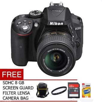 Nikon D5300 - 24 MP - Lensa Kit 18-55mm VR II - Hitam + Gratis SDHC 8 GB + UV Filter + Tas Kamera + Screen Guard  