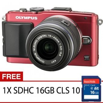 Olympus PEN E-PL6 Mirrorless Kamera Kit Lensa 14 - 42mm R (G) + Gratis SDHC 16GB CLS 10 - Merah-Hitam  