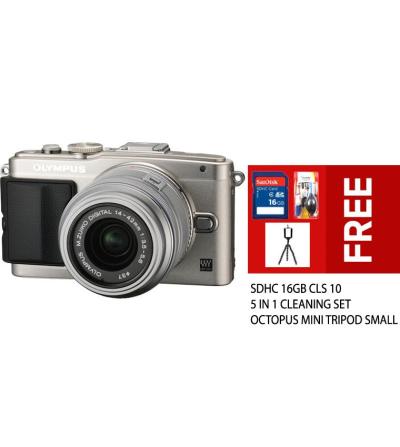Olympus PEN E-PL6 Mirrorless Kamera Kit Lensa 14 - 42mm R (G) - Silver/Silver + Free SDHC 16GB CLS 10 + 5 in 1 Cleaning Set + Octopus Mini Tripod Small