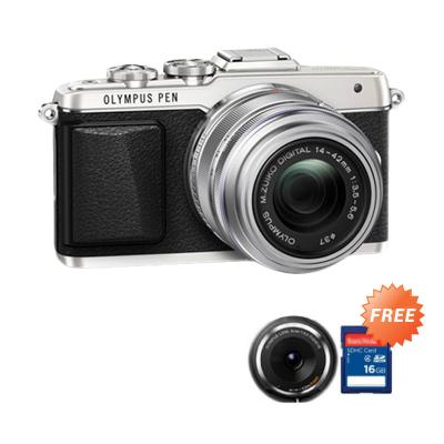 Olympus PEN E-PL7 Kit Lensa 1442R S/G Silver Kamera Mirrorless + Lensa Fisheye BCL-0980 + SDHC 16 GB CLS 10