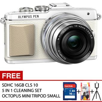 Olympus PEN E-PL7 Mirrorless Kamera Kit Lensa 14 - 42mm R B/G - White/Silver + Free SDHC 16GB CLS 10 + 5 in 1 Cleaning Set + Octopus Mini Tripod Small  