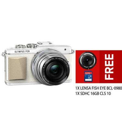 Olympus PEN E-PL7 Mirrorless Kamera Kit Lensa 14 - 42mm R W/G + Gratis Lensa Fisheye BCL-0980 + SDHC 16GB CLS 10 - White/Silver
