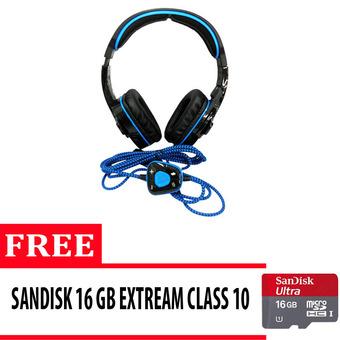 Sades Headset Gaming Extream Wolfang SA-901 High Quality Bass - Biru + Free Sandisk Extream 16Gb Class 10  