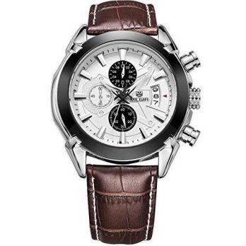 [poledit] MEGIR Megir Men`s Sport Leather Band Luminous Quartz Wrist Watch with Chronograp/13109268