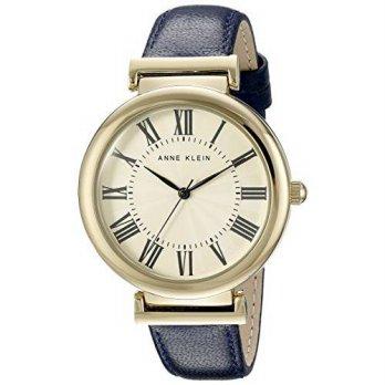 [worldbuyer] Anne Klein Womens AK/2136CRNV Gold-Tone and Navy Blue Leather Strap Watch/1375705