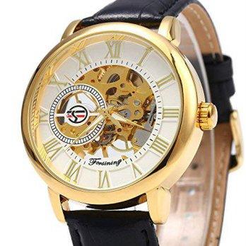 [worldbuyer] Generic Forsining Men Auto Mechanical Leather Wrist Watch(white+gold)/1381001
