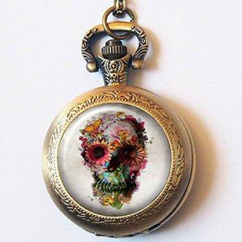 [worldbuyer] Vintage Floral Skull Pocket Watch Casestars Hand Craft Sugar Flower Skull Qua/1382003