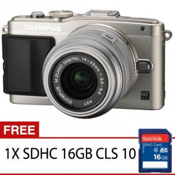 Olympus PEN E-PL6 Mirrorless Kamera Kit Lensa 14 - 42mm R (G) + Gratis SDHC 16GB CLS 10-Silver/Siler