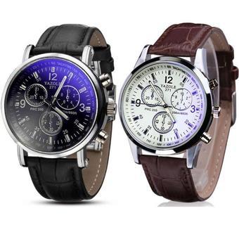 2PC Luxury Fashion Faux Leather Mens Quartz Analog Watch Watches Brown,Black- Intl  