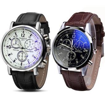 2PC Luxury Fashion Faux Leather Mens Quartz Analog Watch Watches Black,Brown - Intl  