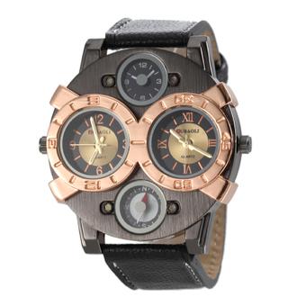 360DSC JUBAOLI 1062 Men's Dual Movt Analog Quartz Wrist Watch with Compass Leather Strap Decorative Sub-dial - Black + Golden  