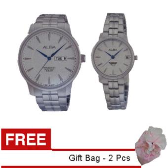 ALBA - Jam Tangan Pria & Wanita - Silver - Strap Stainless Steel - AV3293 & AG8513 + Gratis 2 Gift Bag  